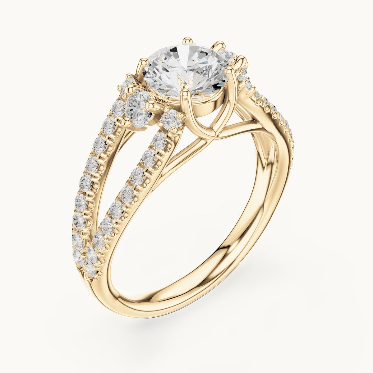 Round lab-grown diamond split shank pavé engagement ring in yellow gold, 1.747 CT TW, view 2