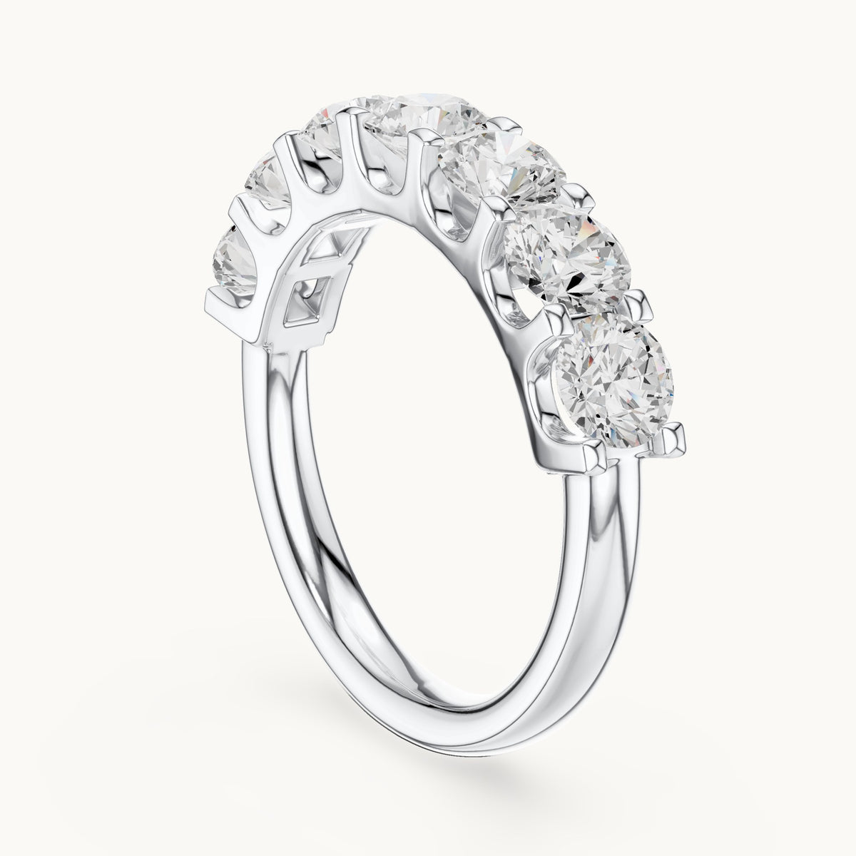 Round lab-grown diamond seven-stone half eternity band in white gold, 2.166 CT TW, view 1