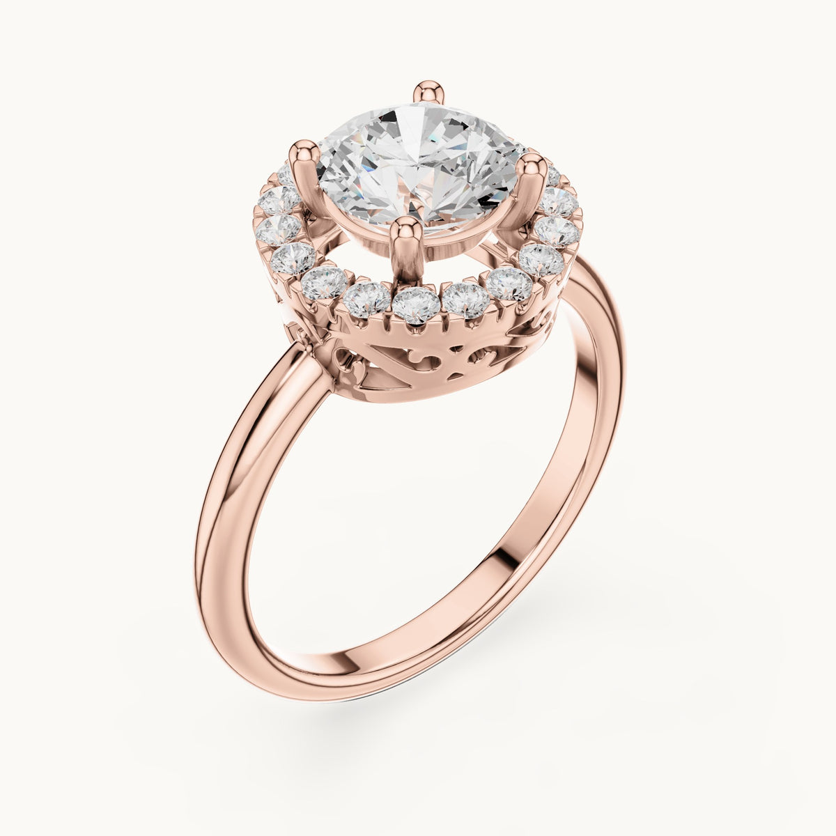 Round lab-grown diamond halo engagement ring with filigree gallery in rose gold, 1.502 CT TW, view 2