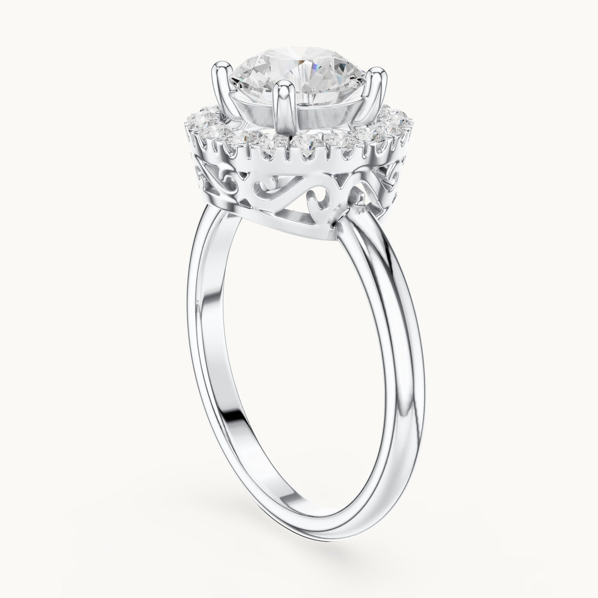 Round lab-grown diamond halo engagement ring with filigree gallery in white gold, 1.502 CT TW, view 1
