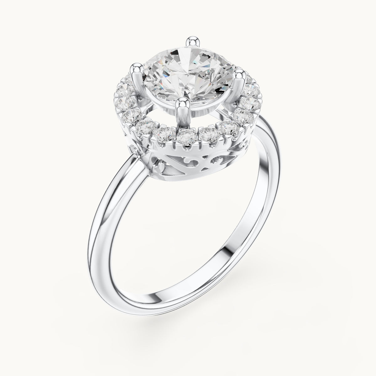 Round lab-grown diamond halo engagement ring with filigree gallery in white gold, 1.502 CT TW, view 2