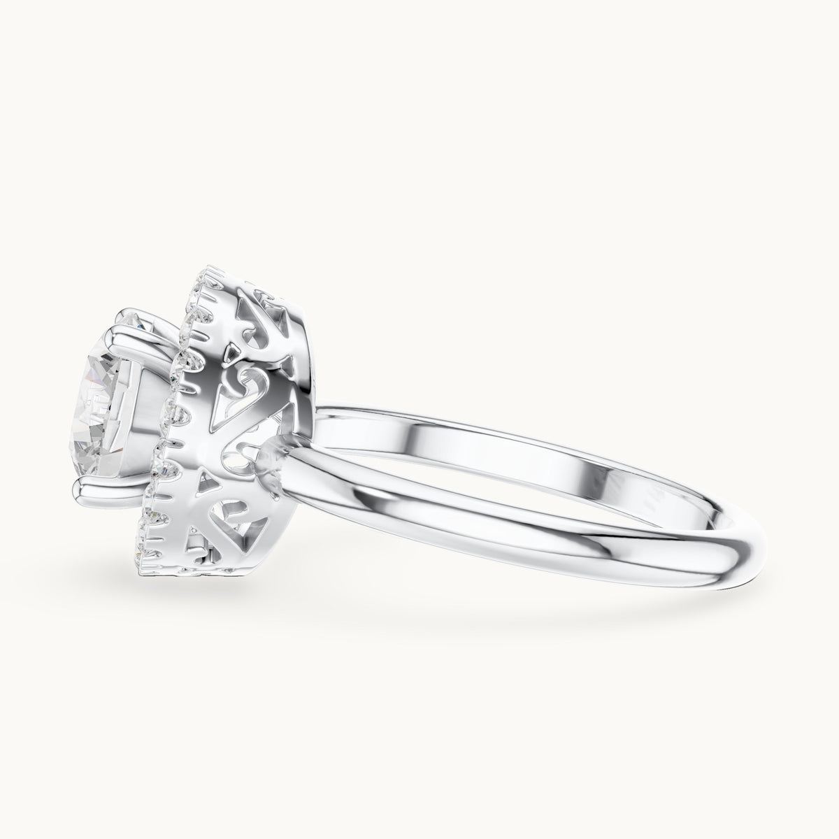 Round lab-grown diamond halo engagement ring with filigree gallery in white gold, 1.502 CT TW, view 3