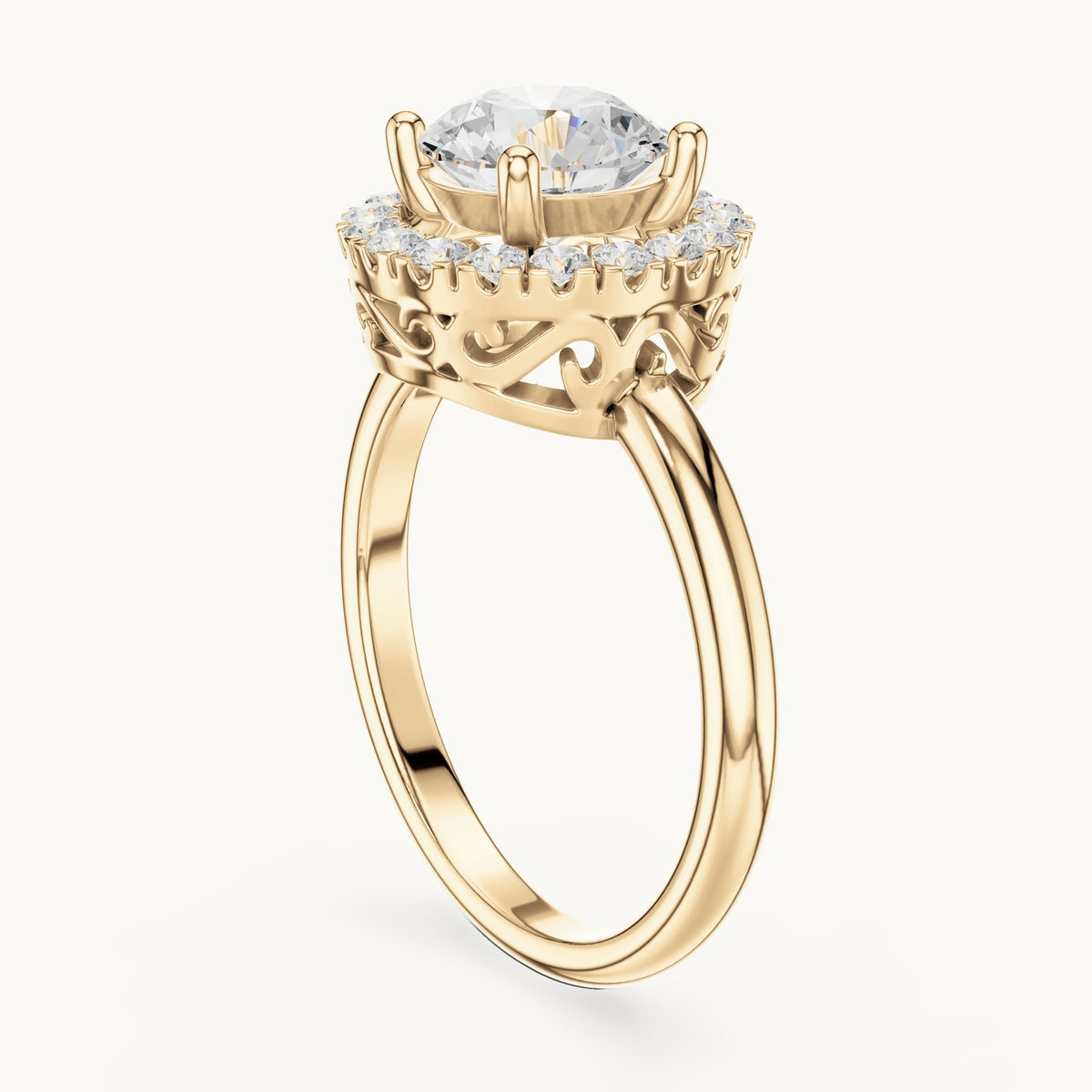 Round lab-grown diamond halo engagement ring with filigree gallery in yellow gold, 1.502 CT TW, view 1