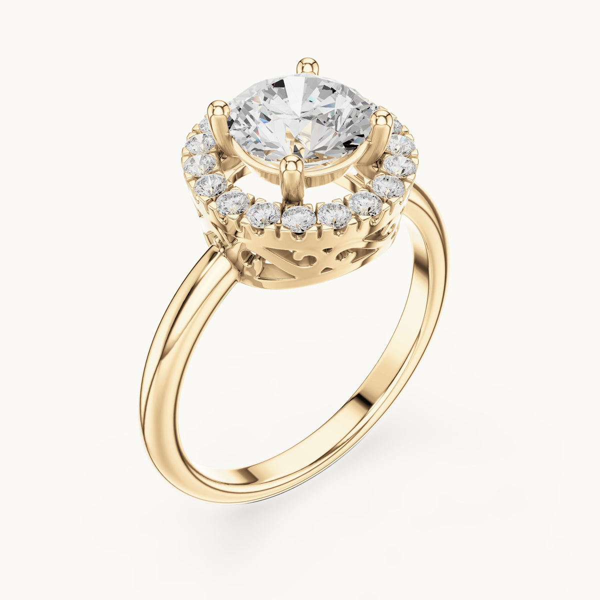 Round lab-grown diamond halo engagement ring with filigree gallery in yellow gold, 1.502 CT TW, view 2