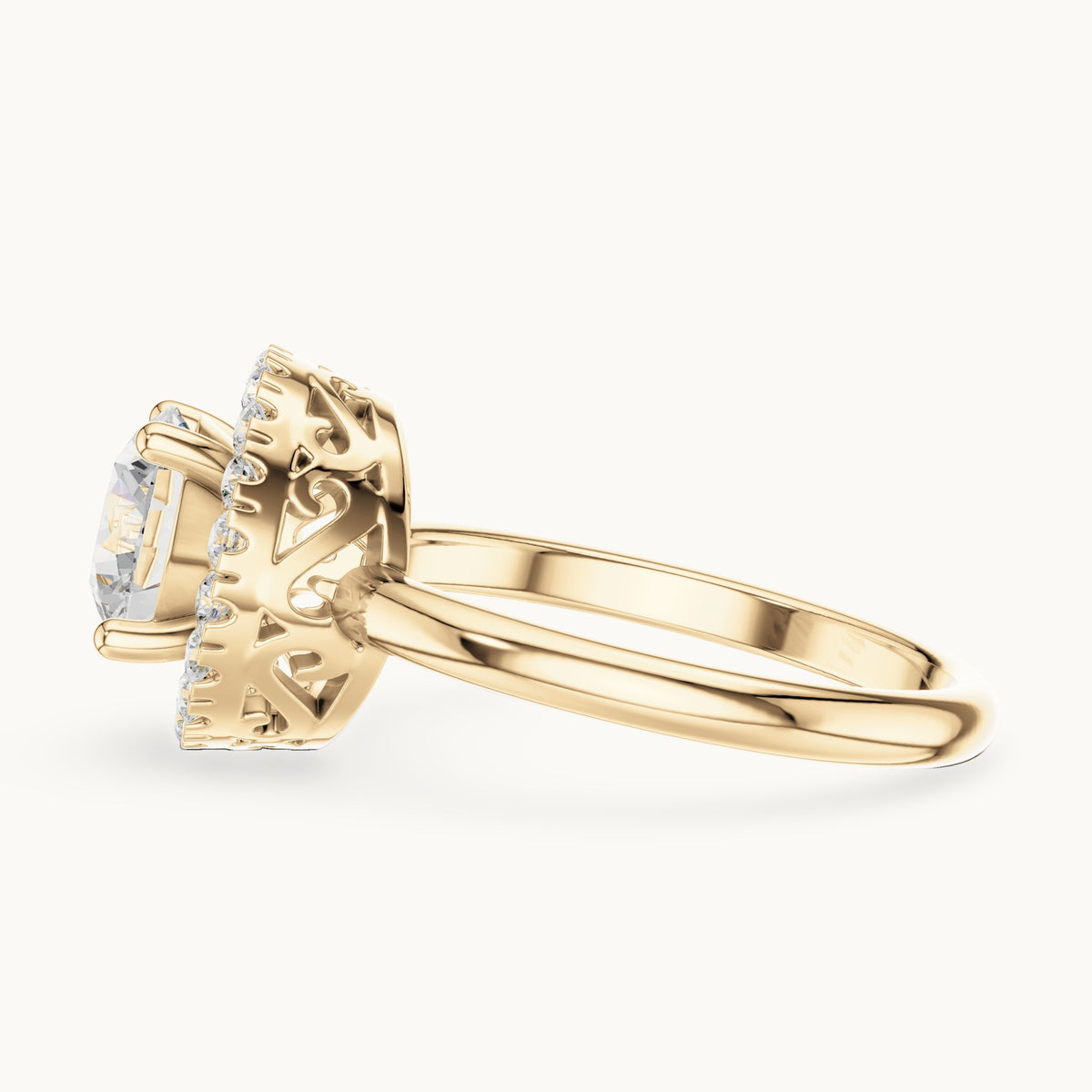 Round lab-grown diamond halo engagement ring with filigree gallery in yellow gold, 1.502 CT TW, view 3