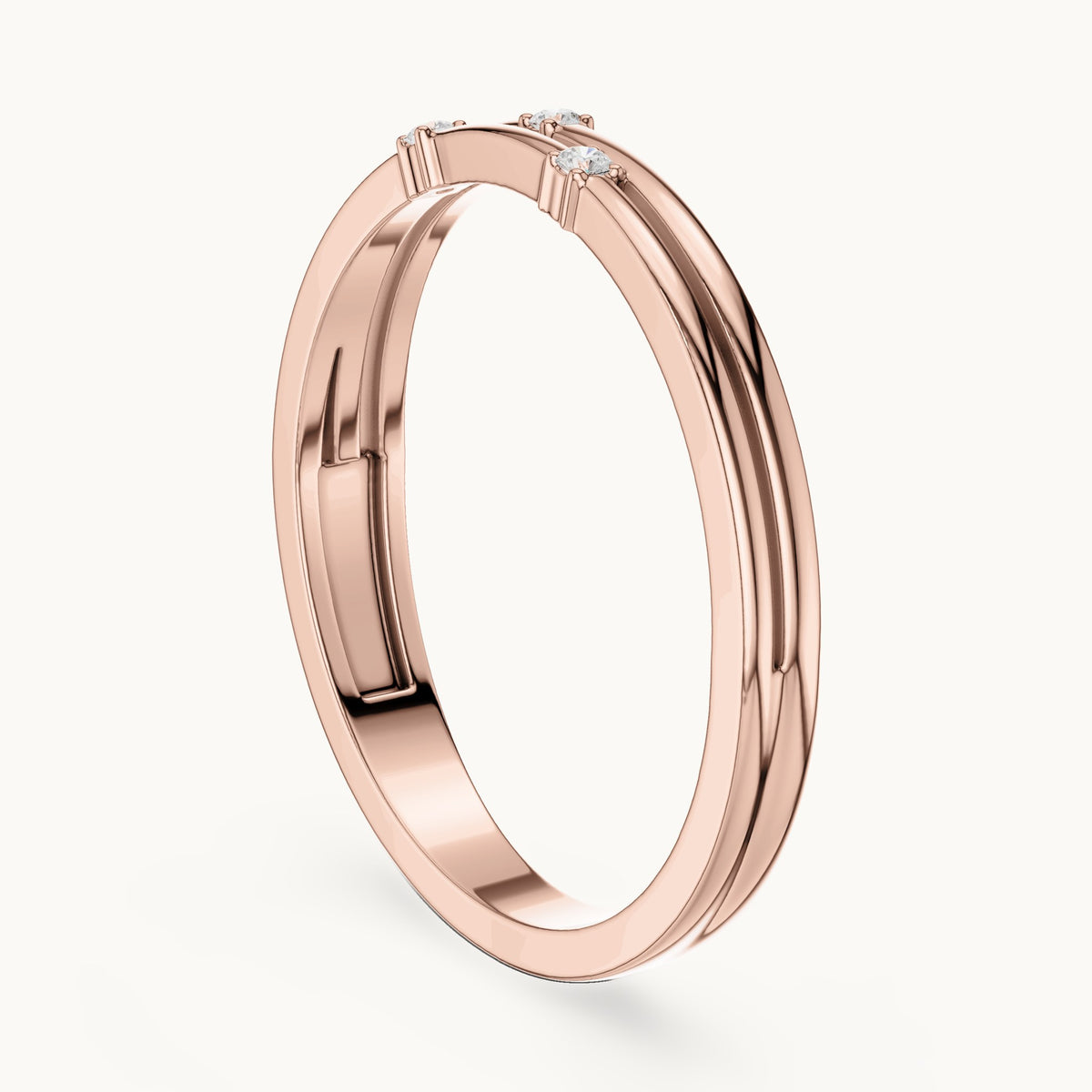 Round lab-grown diamond double row three-stone stackable ring in rose gold, 0.024 CT TW, view 1