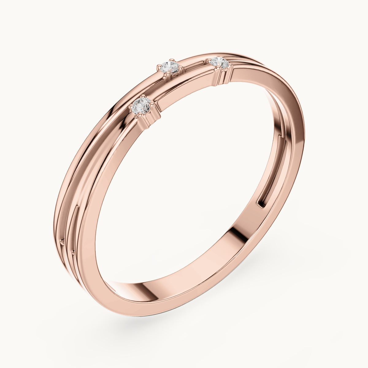 Round lab-grown diamond double row three-stone stackable ring in rose gold, 0.024 CT TW, view 2