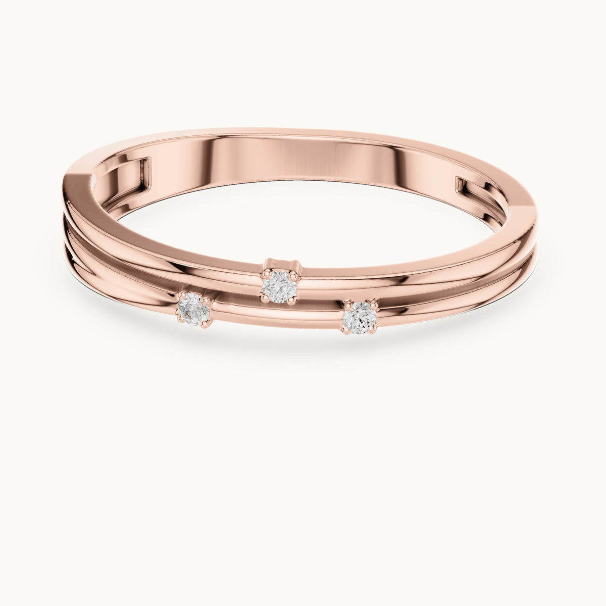 Round lab-grown diamond double row three-stone stackable ring in rose gold, 0.024 CT TW, view 4