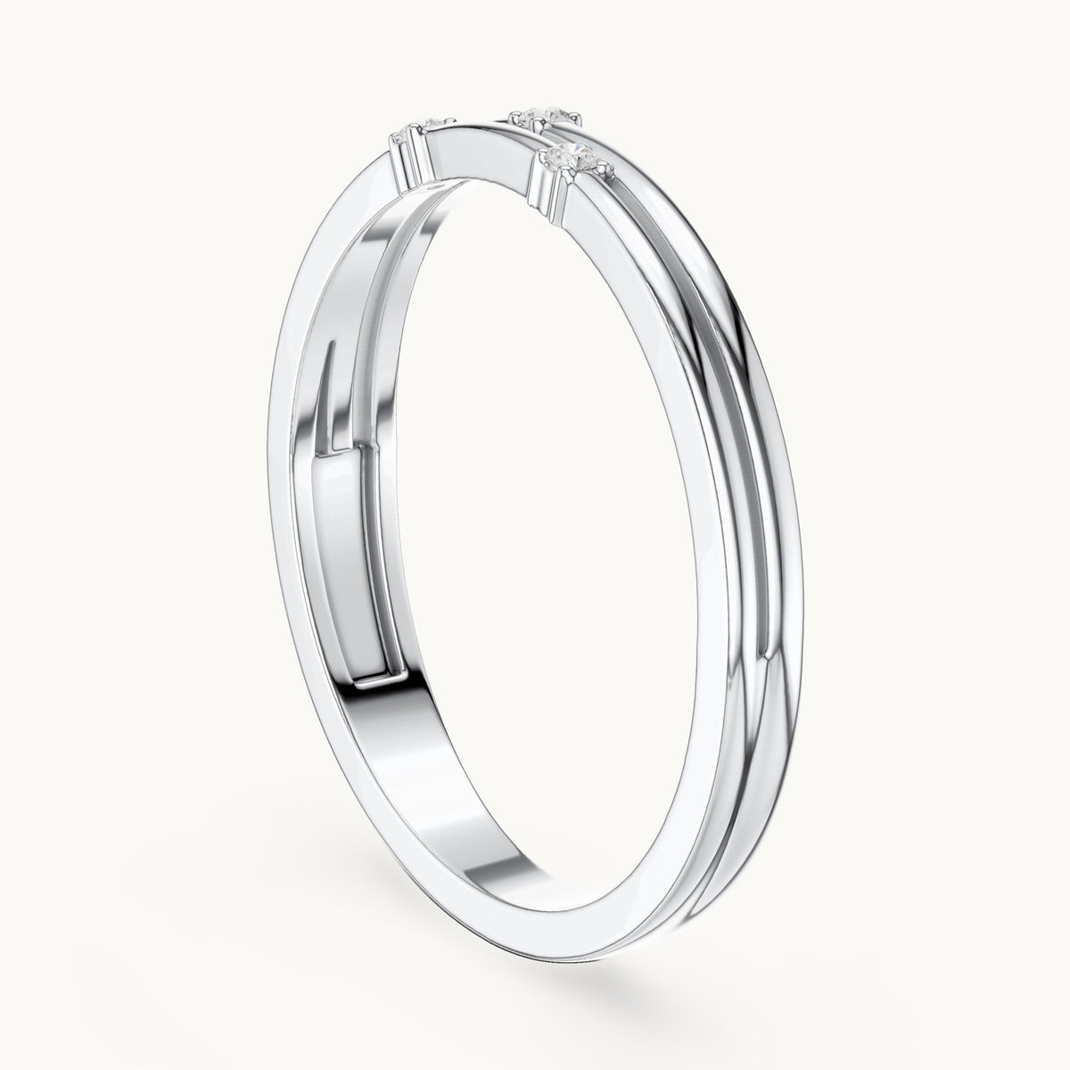 Round lab-grown diamond double row three-stone stackable ring in white gold, 0.024 CT TW, view 1
