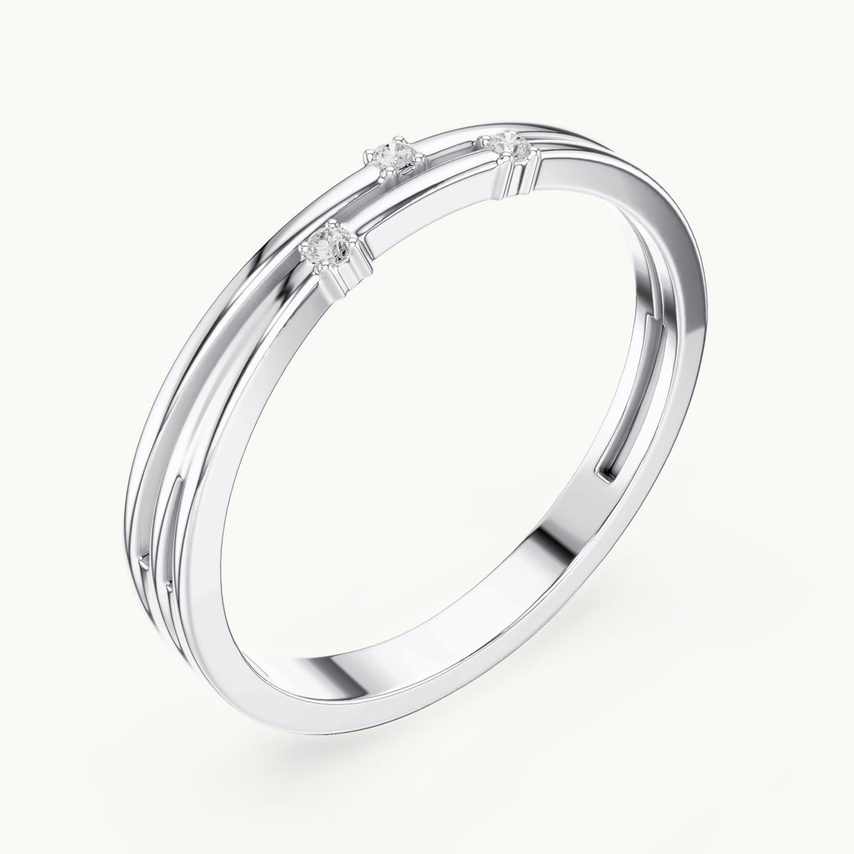 Round lab-grown diamond double row three-stone stackable ring in white gold, 0.024 CT TW, view 2