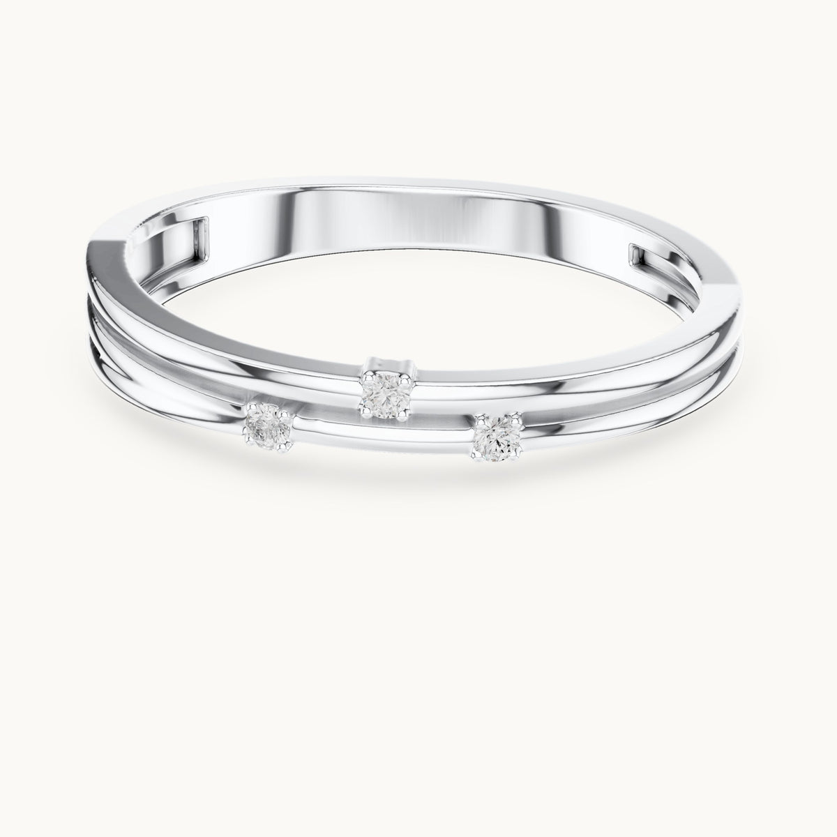 Round lab-grown diamond double row three-stone stackable ring in white gold, 0.024 CT TW, view 4