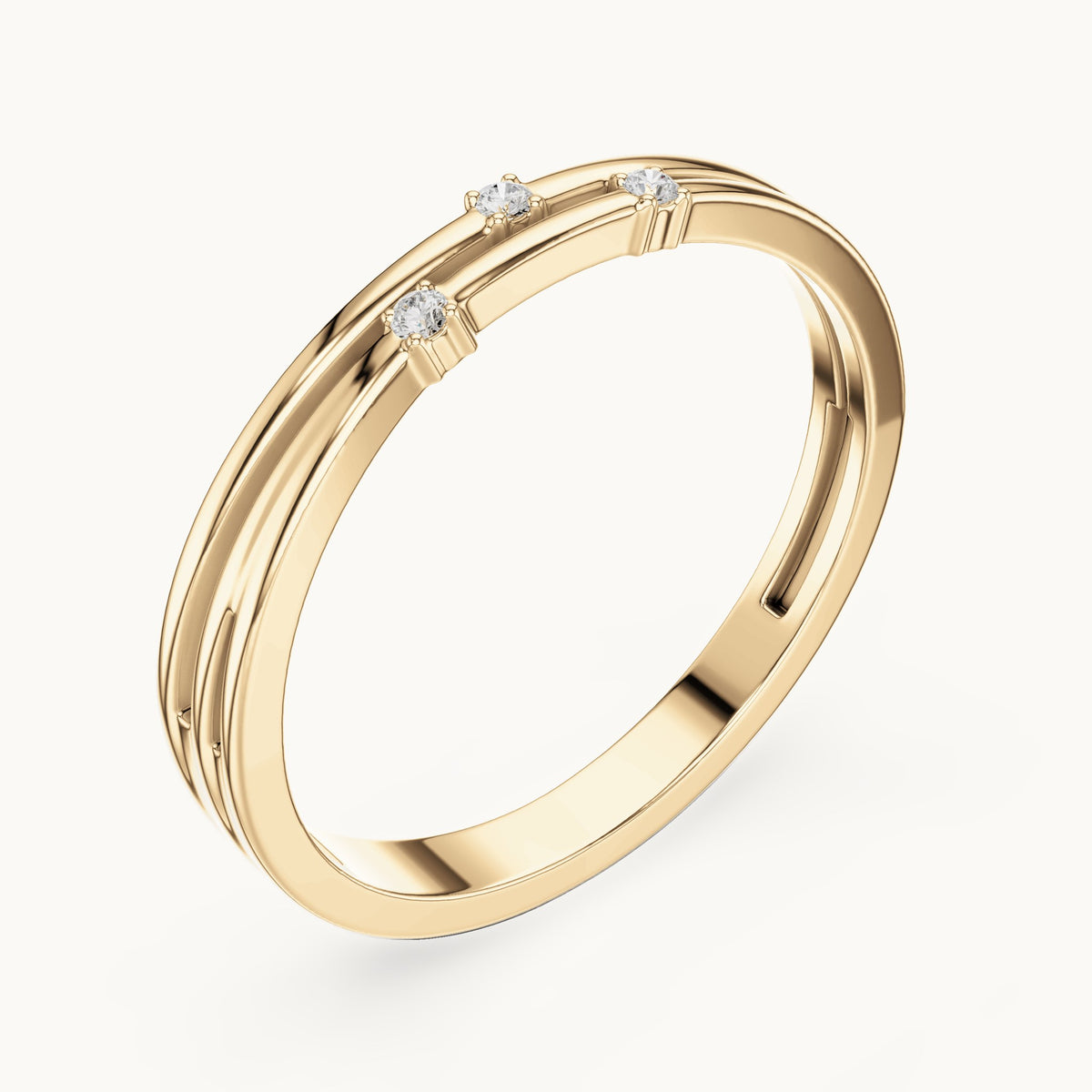 Round lab-grown diamond double row three-stone stackable ring in yellow gold, 0.024 CT TW, view 2