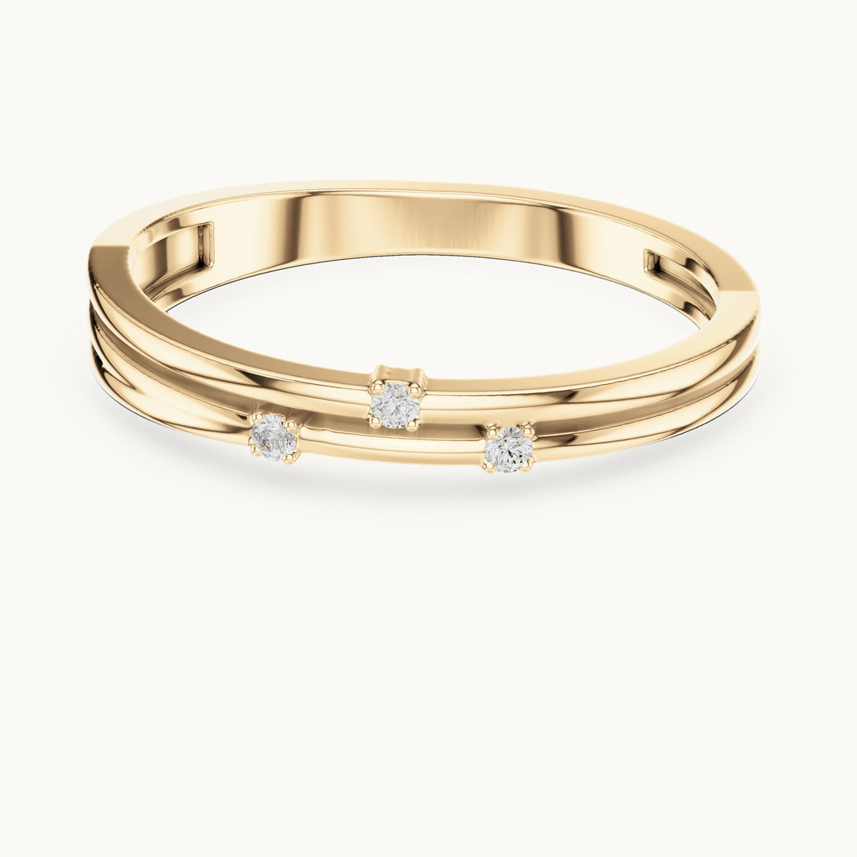 Round lab-grown diamond double row three-stone stackable ring in yellow gold, 0.024 CT TW, view 4