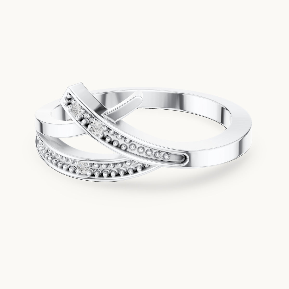 Round lab-grown diamond crossover beaded ring in white gold, 0.024 CT TW, view 4