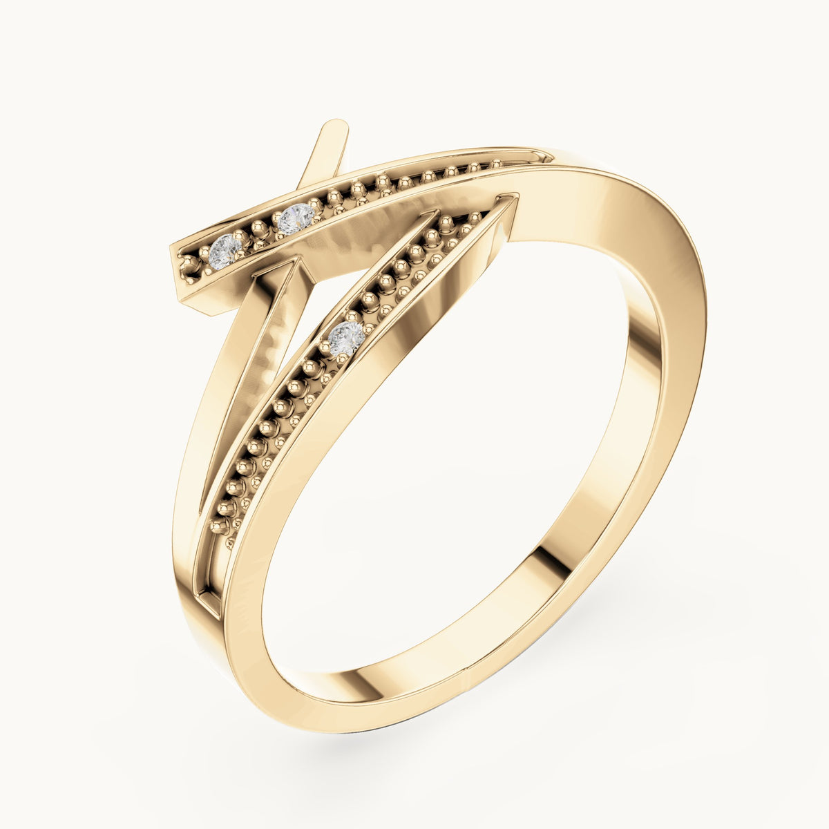 Round lab-grown diamond crossover beaded ring in yellow gold, 0.024 CT TW, view 2