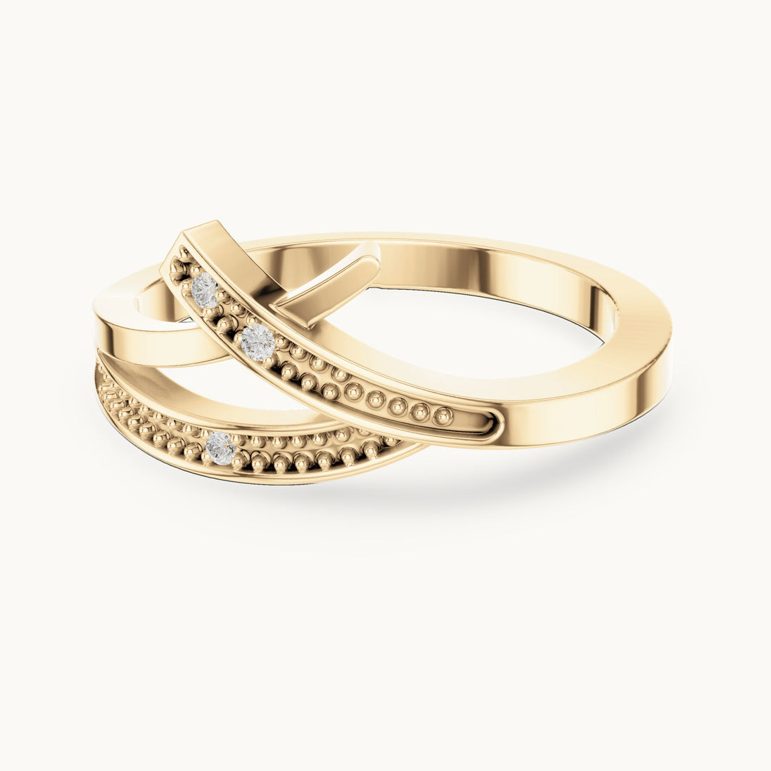 Round lab-grown diamond crossover beaded ring in yellow gold, 0.024 CT TW, view 4
