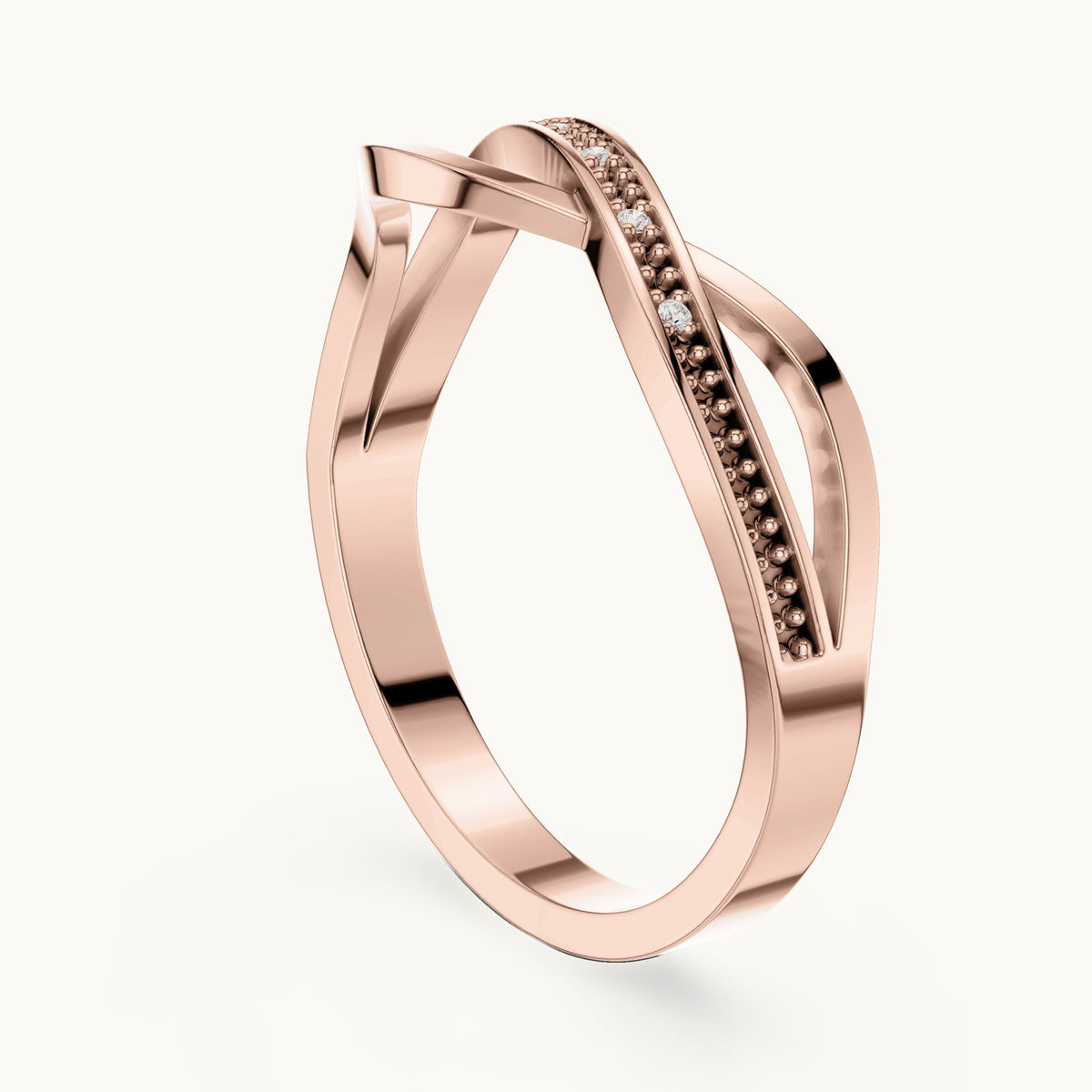 Round lab-grown diamond crossover beaded ring in rose gold, 0.018 CT TW, view 1