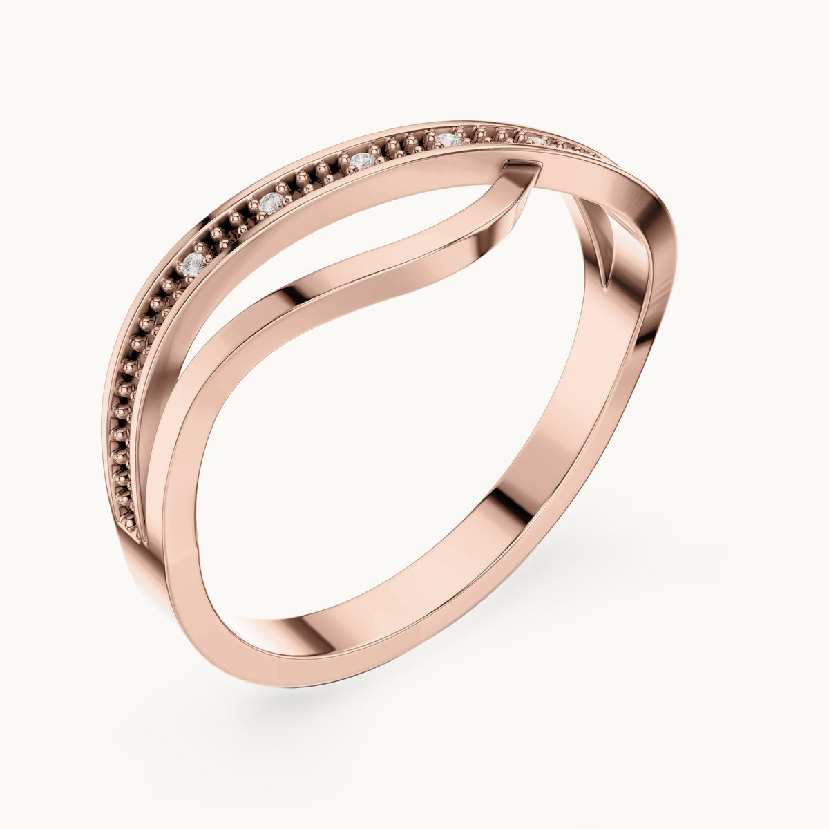 Round lab-grown diamond crossover beaded ring in rose gold, 0.018 CT TW, view 2