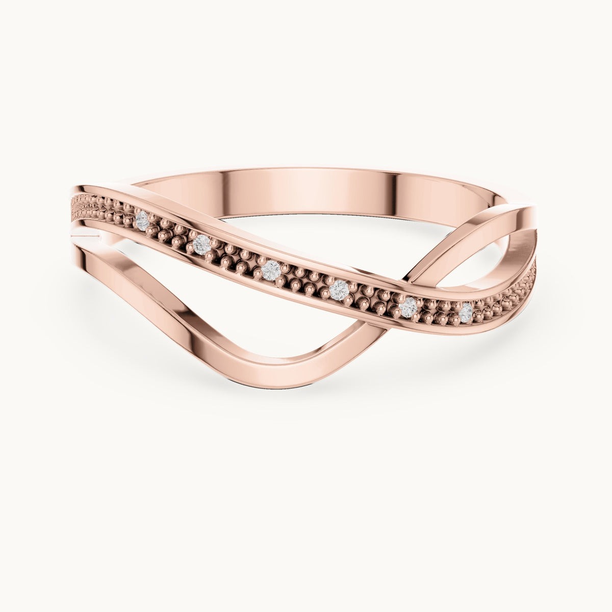 Round lab-grown diamond crossover beaded ring in rose gold, 0.018 CT TW, view 4