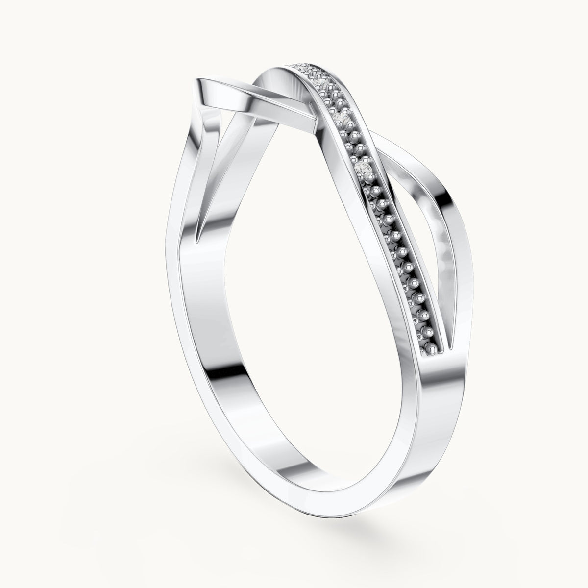 Round lab-grown diamond crossover beaded ring in white gold, 0.018 CT TW, view 1