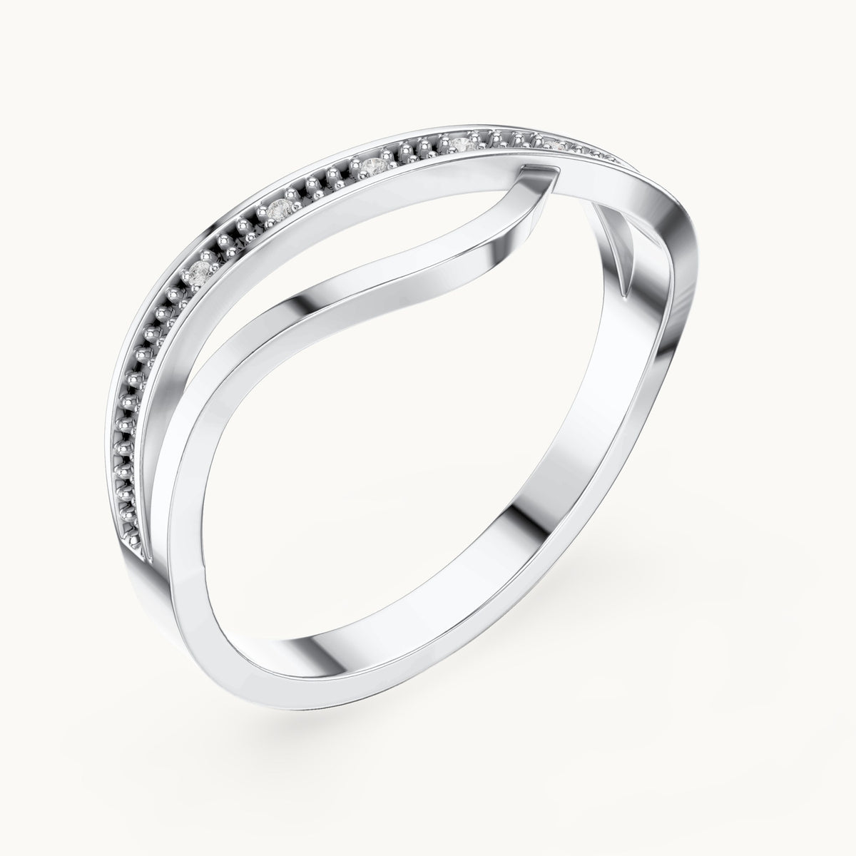 Round lab-grown diamond crossover beaded ring in white gold, 0.018 CT TW, view 2