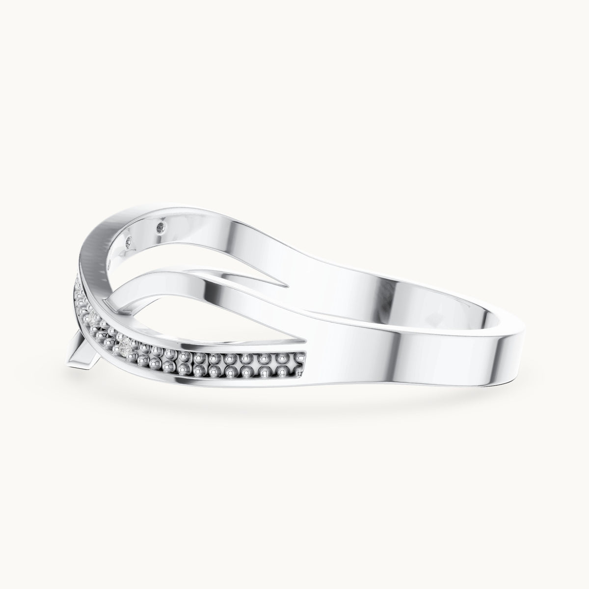 Round lab-grown diamond crossover beaded ring in white gold, 0.018 CT TW, view 3