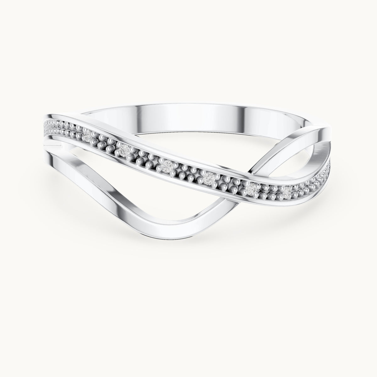 Round lab-grown diamond crossover beaded ring in white gold, 0.018 CT TW, view 4