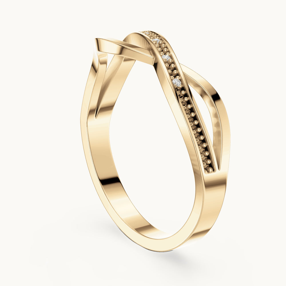 Round lab-grown diamond crossover beaded ring in yellow gold, 0.018 CT TW, view 1