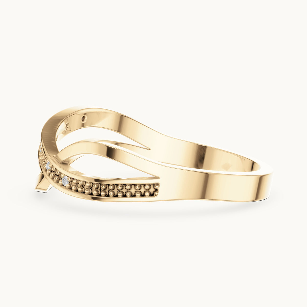 Round lab-grown diamond crossover beaded ring in yellow gold, 0.018 CT TW, view 3