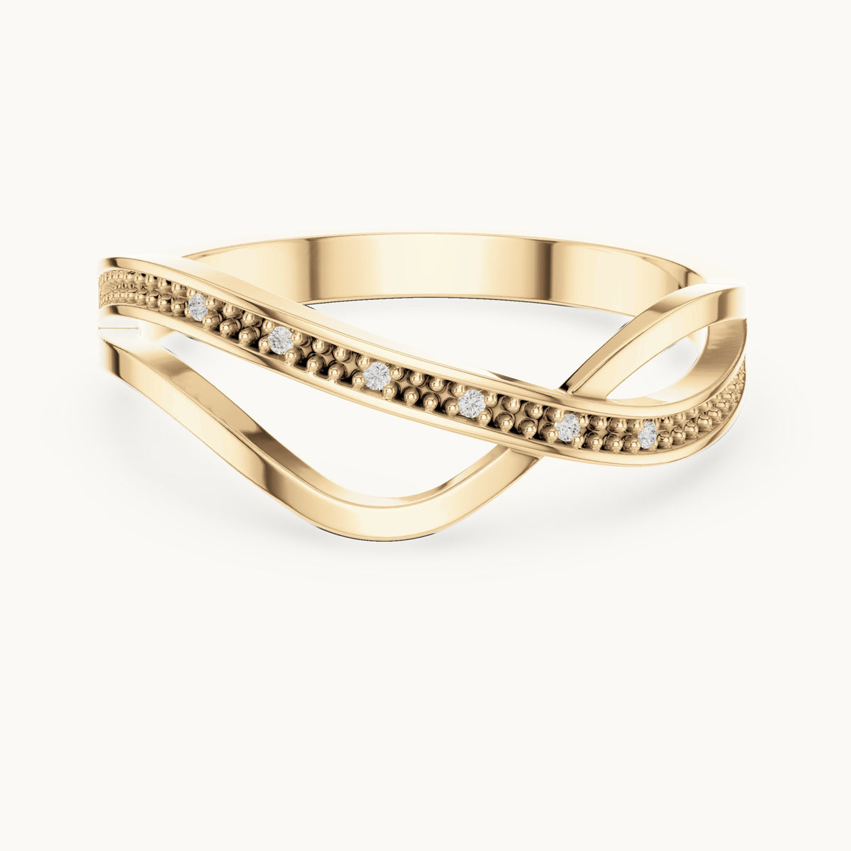 Round lab-grown diamond crossover beaded ring in yellow gold, 0.018 CT TW, view 4