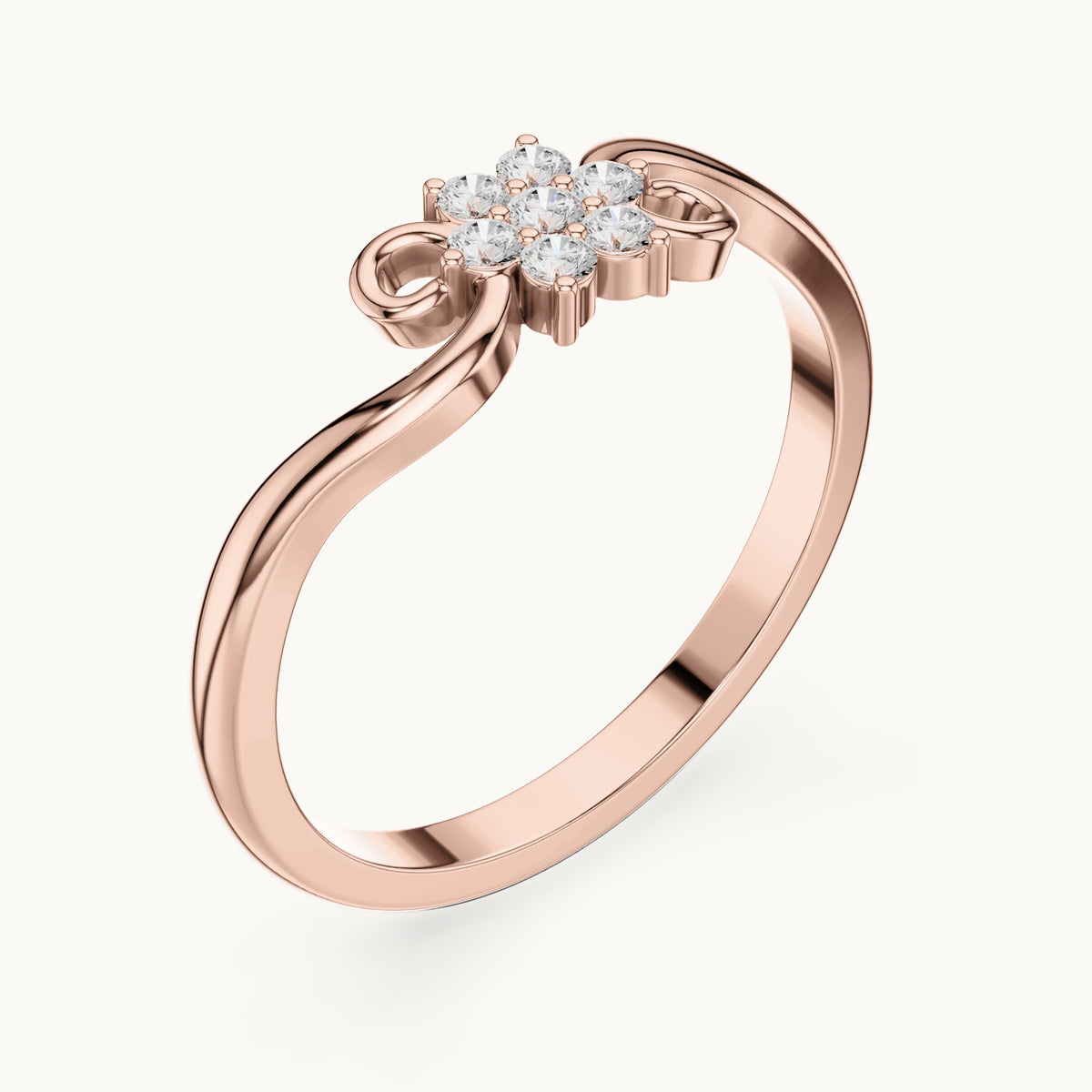 Round lab-grown diamond flower cluster scroll ring in rose gold, 0.11 CT TW, view 2