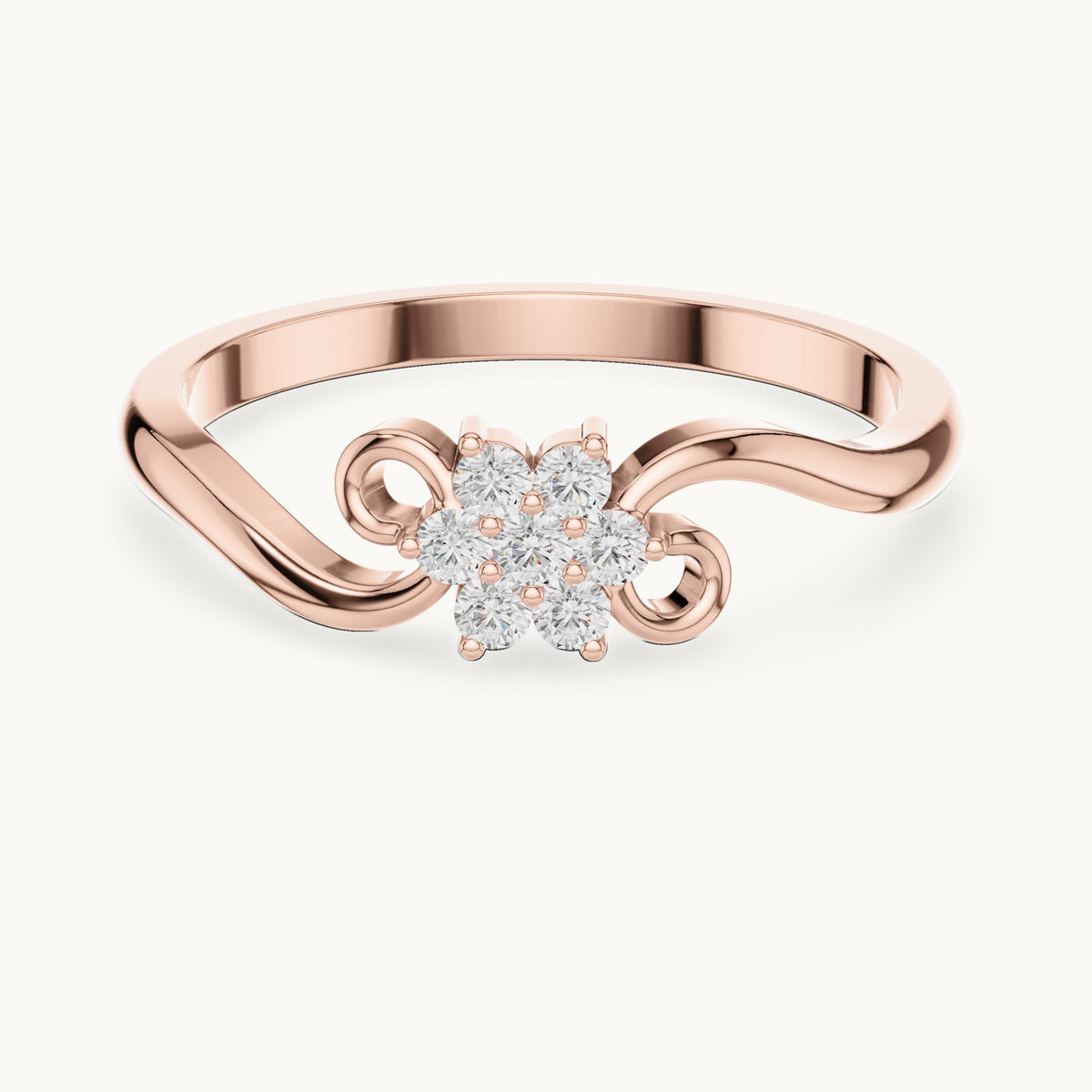 Round lab-grown diamond flower cluster scroll ring in rose gold, 0.11 CT TW, view 4