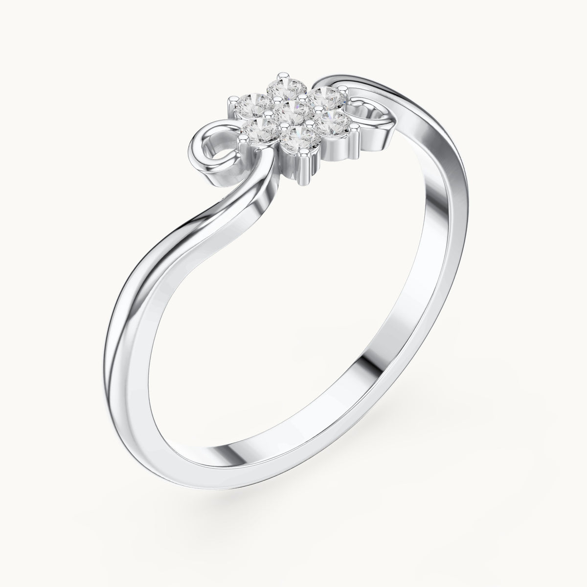 Round lab-grown diamond flower cluster scroll ring in white gold, 0.11 CT TW, view 2