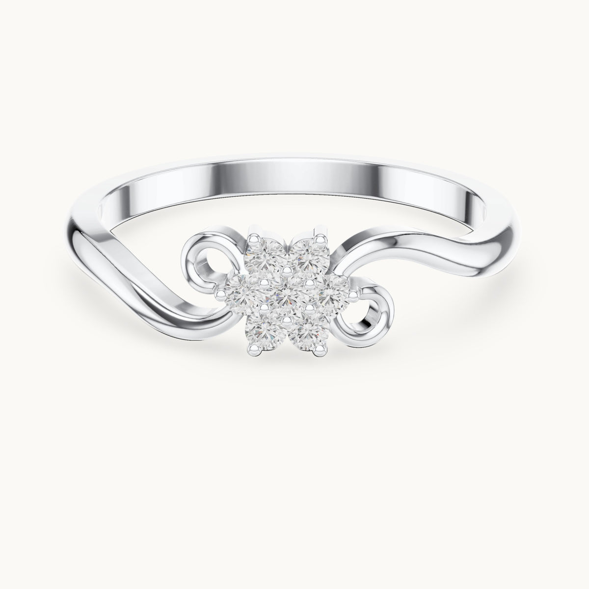 Round lab-grown diamond flower cluster scroll ring in white gold, 0.11 CT TW, view 4