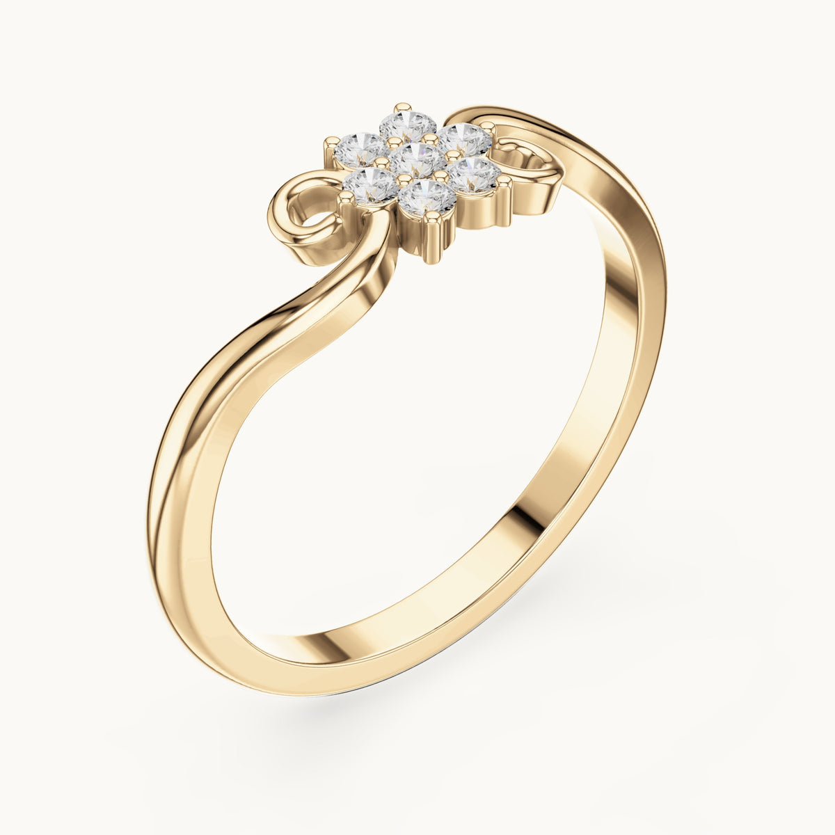 Round lab-grown diamond flower cluster scroll ring in yellow gold, 0.11 CT TW, view 2