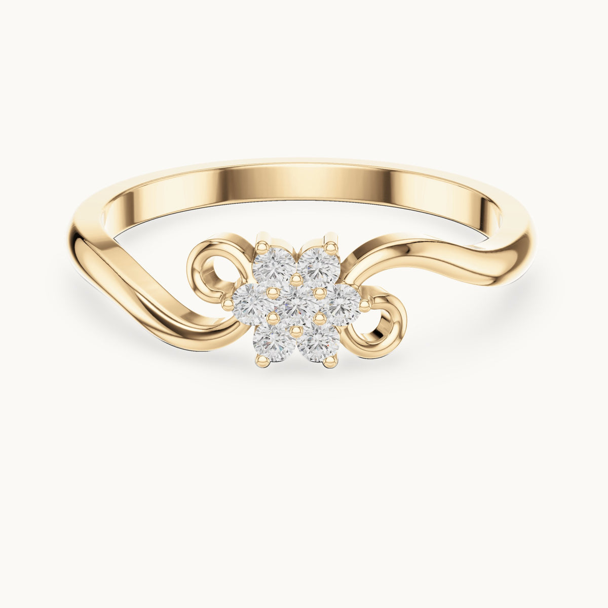 Round lab-grown diamond flower cluster scroll ring in yellow gold, 0.11 CT TW, view 4