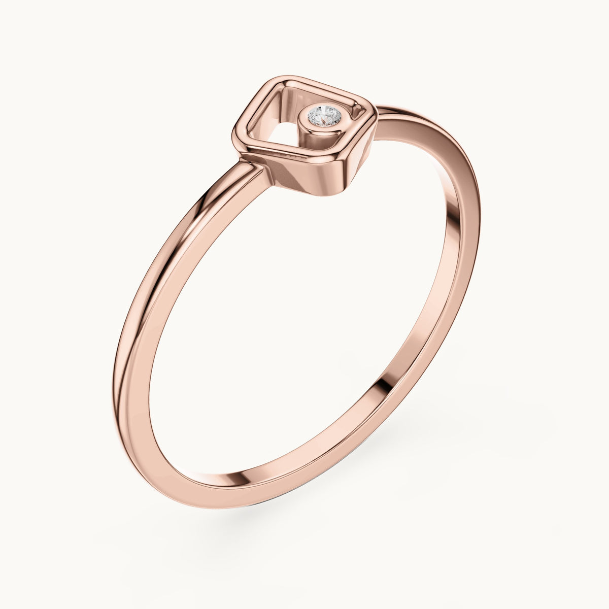 Round lab-grown diamond open square solitaire ring in rose gold, 0.010 CT TW, view 2