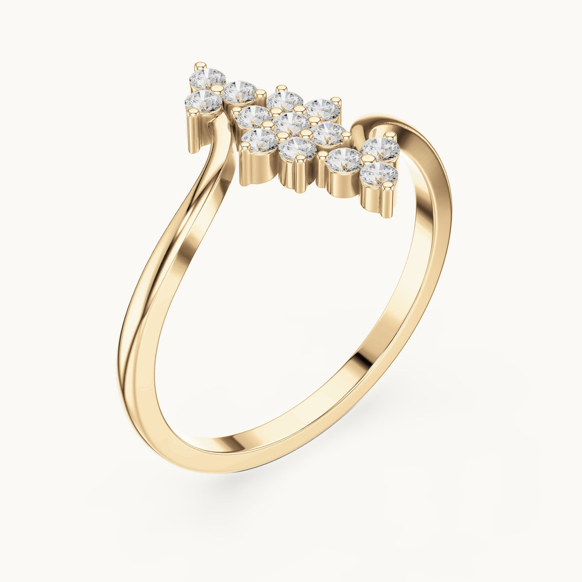 Round lab-grown diamond diagonal cluster bypass ring in yellow gold, 0.20 CT TW, view 2