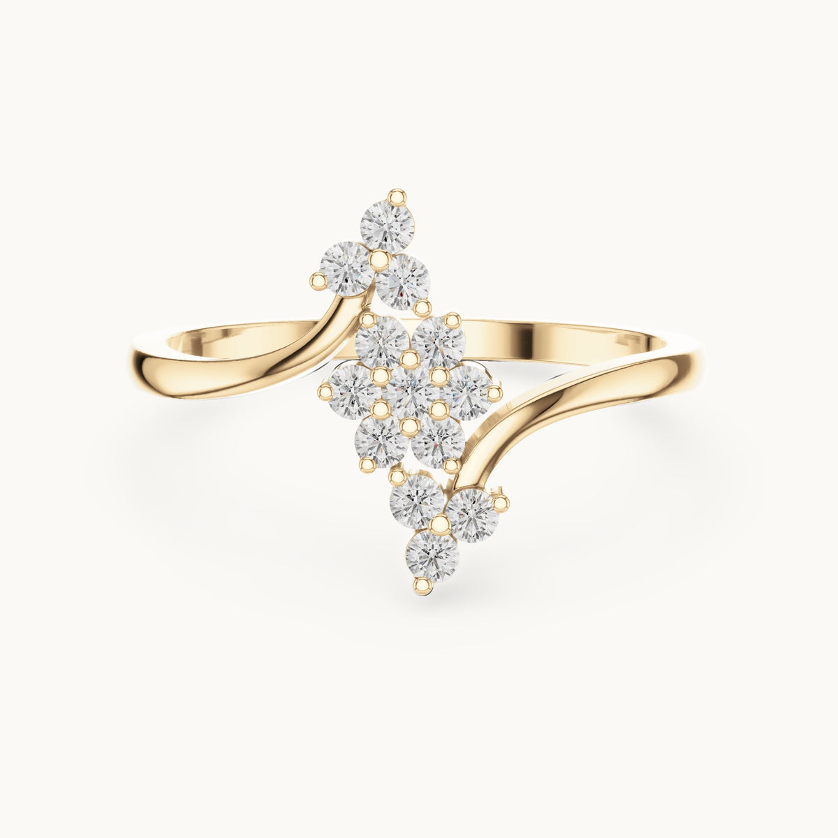 Round lab-grown diamond diagonal cluster bypass ring in yellow gold, 0.20 CT TW, view 4