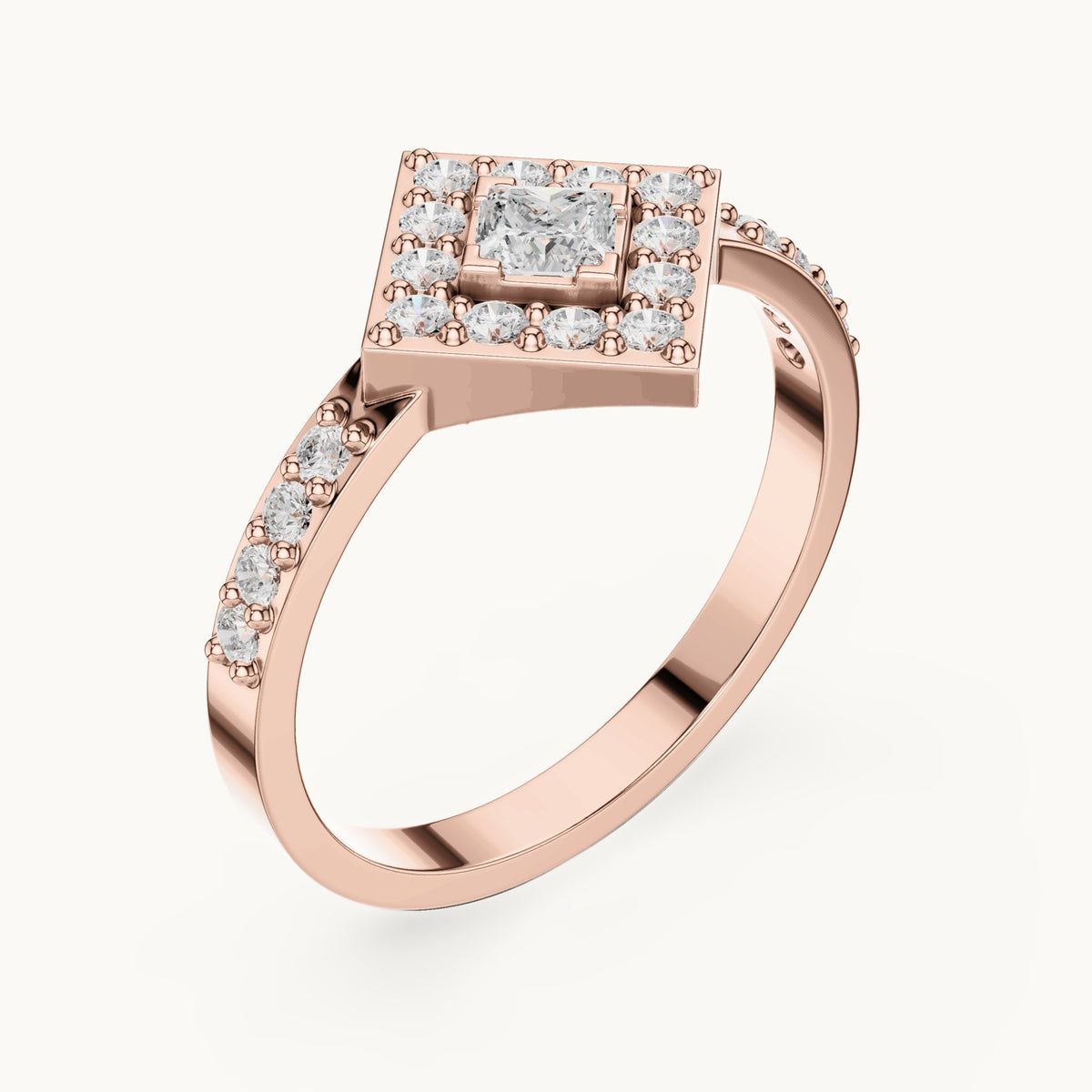 Round and princess-cut lab-grown diamond kite-set double halo engagement ring with pavé band in rose gold, 0.50 CT TW, view 2