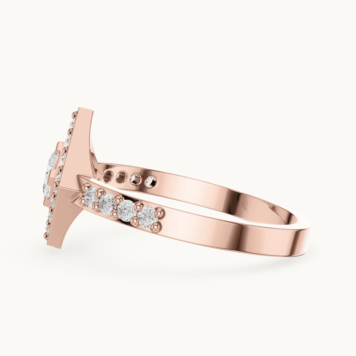 Round and princess-cut lab-grown diamond kite-set double halo engagement ring with pavé band in rose gold, 0.50 CT TW, view 3