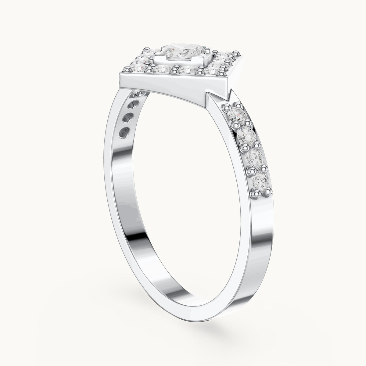 Round and princess-cut lab-grown diamond kite-set double halo engagement ring with pavé band in white gold, 0.50 CT TW, view 1
