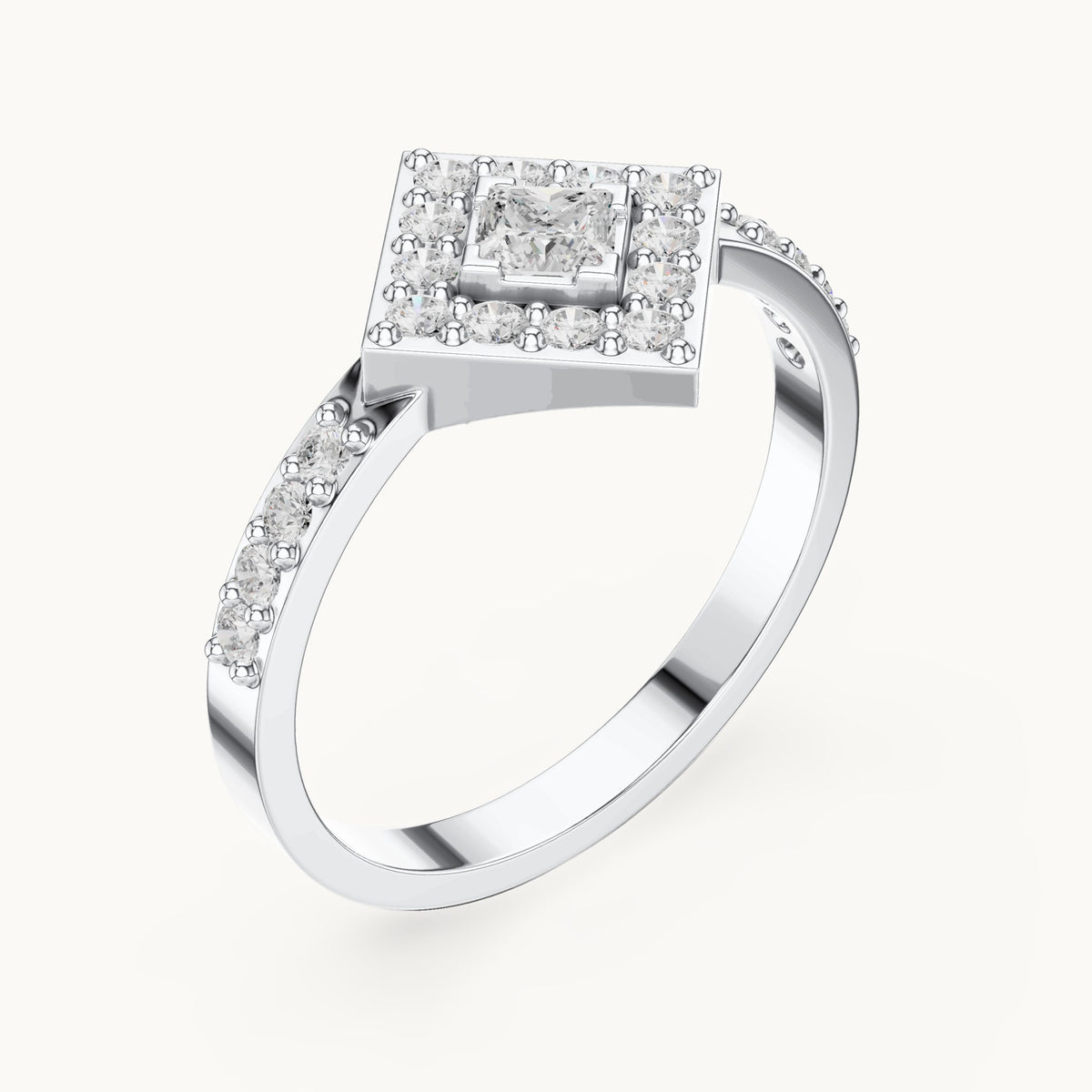 Round and princess-cut lab-grown diamond kite-set double halo engagement ring with pavé band in white gold, 0.50 CT TW, view 2