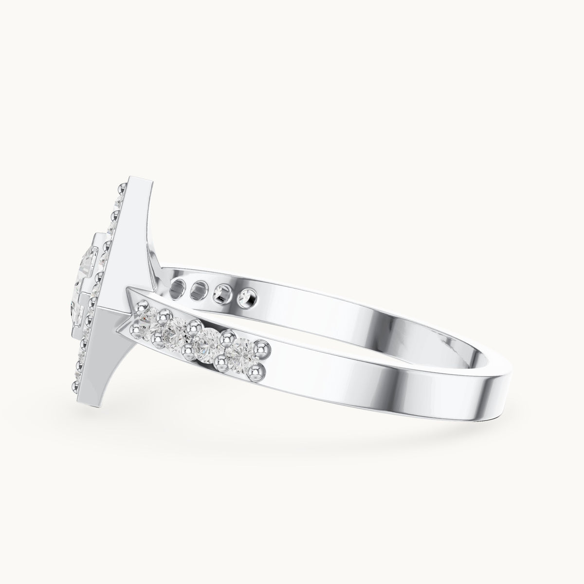 Round and princess-cut lab-grown diamond kite-set double halo engagement ring with pavé band in white gold, 0.50 CT TW, view 3