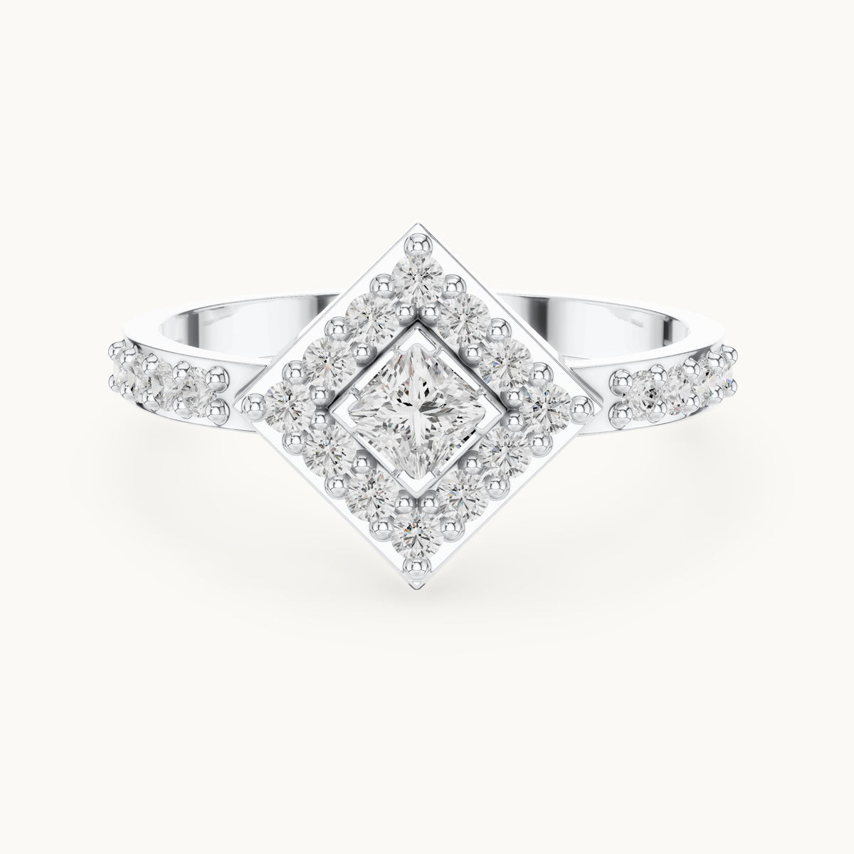 Round and princess-cut lab-grown diamond kite-set double halo engagement ring with pavé band in white gold, 0.50 CT TW, view 4
