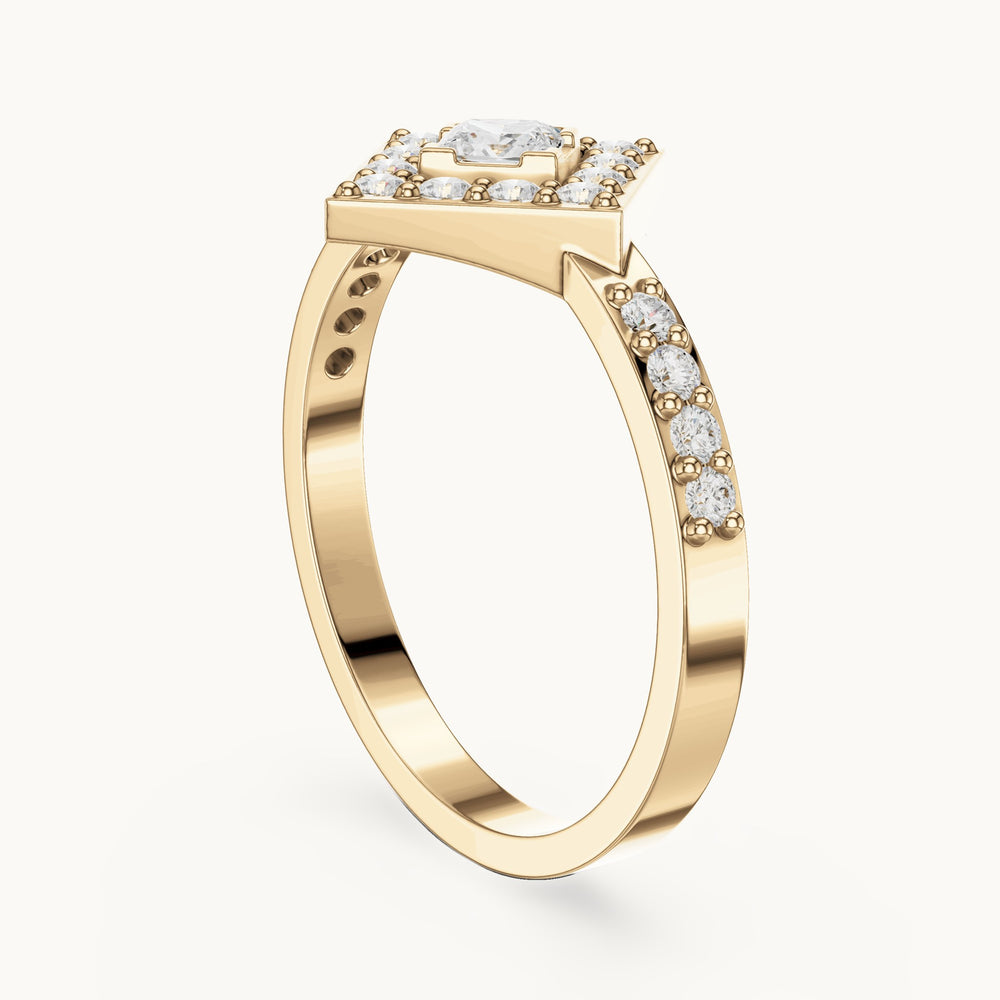 Round and princess-cut lab-grown diamond kite-set double halo engagement ring with pavé band in yellow gold, 0.50 CT TW, view 1