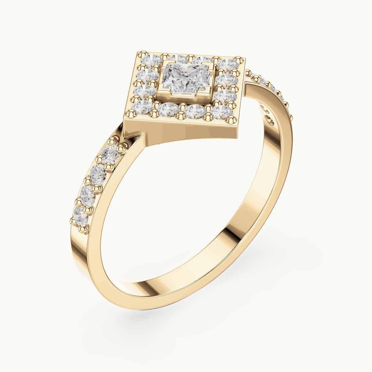 Round and princess-cut lab-grown diamond kite-set double halo engagement ring with pavé band in yellow gold, 0.50 CT TW, view 2