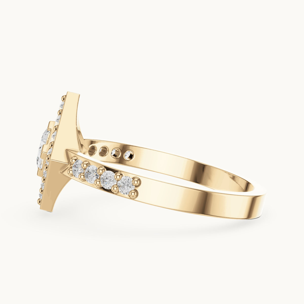Round and princess-cut lab-grown diamond kite-set double halo engagement ring with pavé band in yellow gold, 0.50 CT TW, view 3