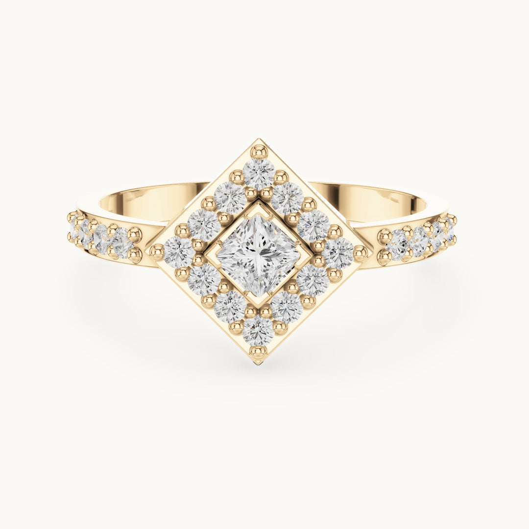Round and princess-cut lab-grown diamond kite-set double halo engagement ring with pavé band in yellow gold, 0.50 CT TW, view 4
