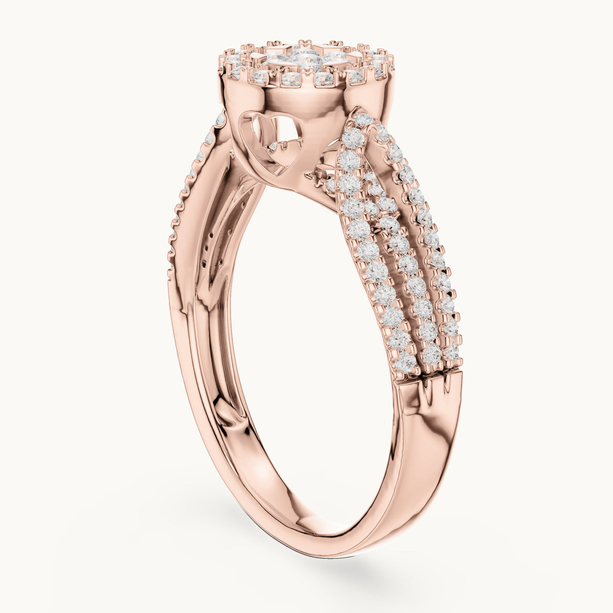 Round lab-grown diamond cluster halo split shank ring in rose gold, 0.597 CT TW, view 1